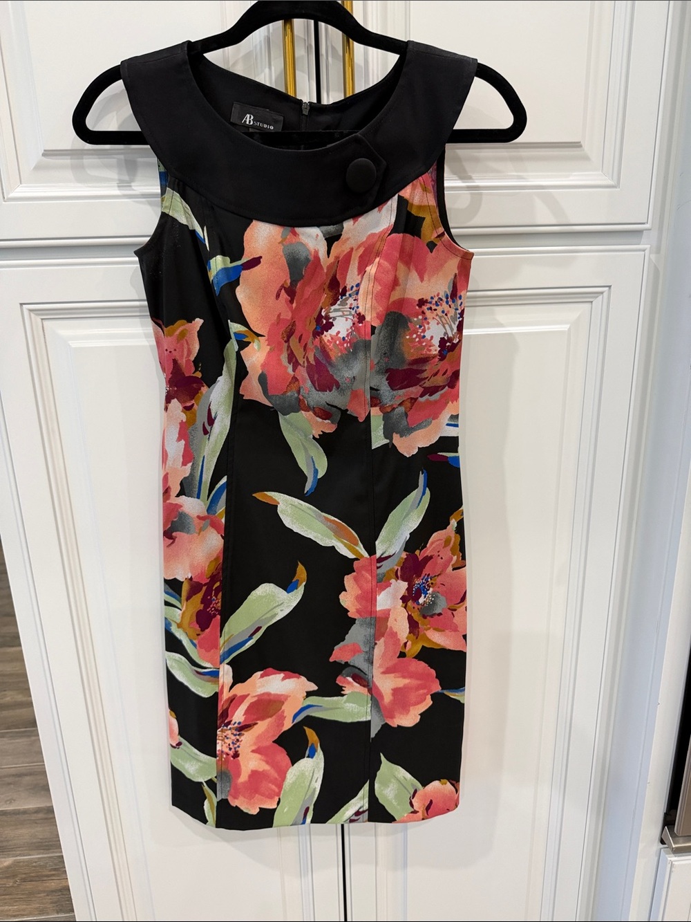 AB Studio Black Sleeveless Floral Sheath Dress with Pink and Green Print